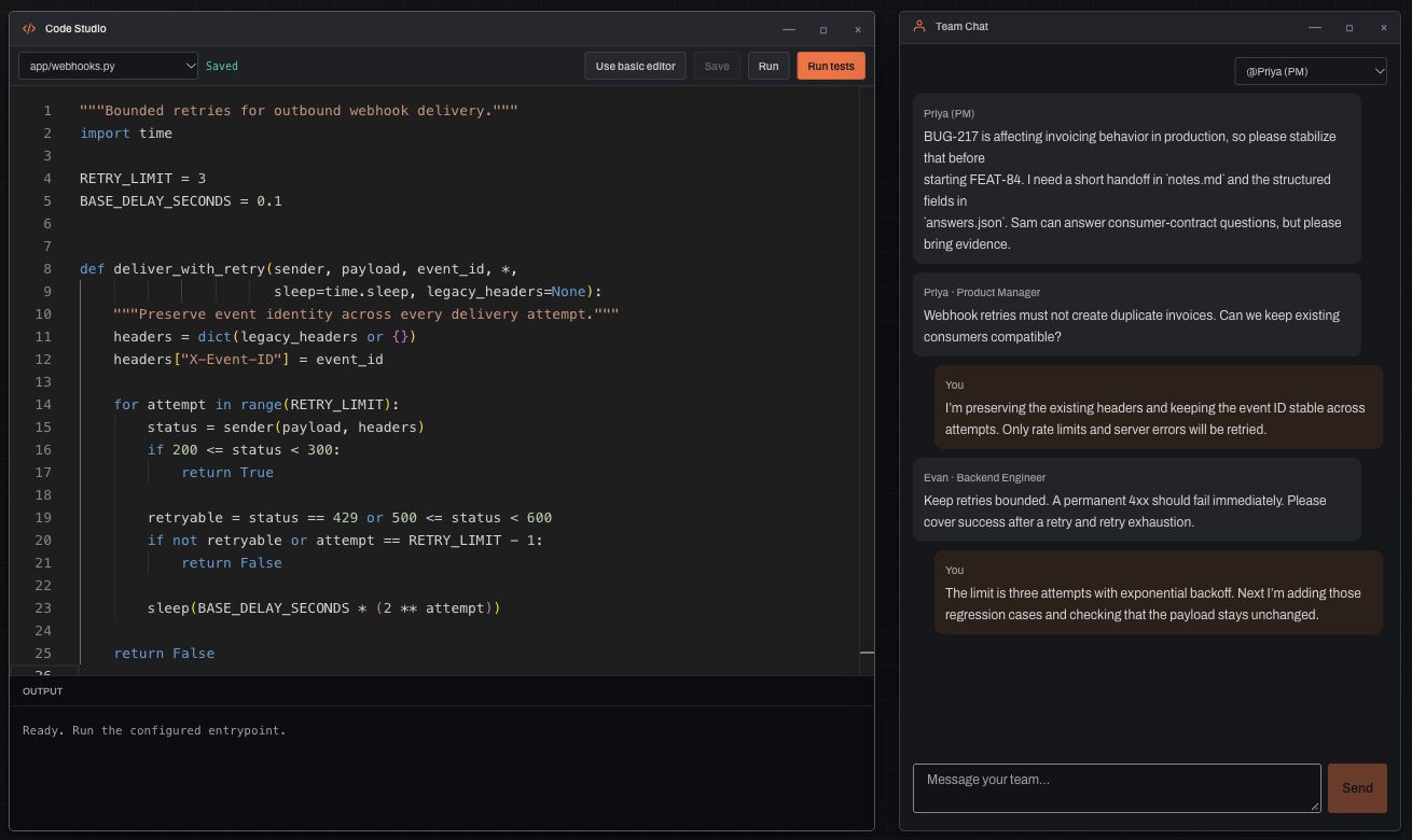Actual SeeTheWork workspace showing Python webhook retry code beside a team conversation about compatibility and regression cases.